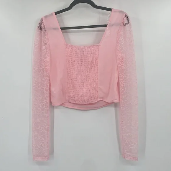 Wild Fable Pink Cropped Long Sleeve Lace Top Size Small - Picture 5 of 10